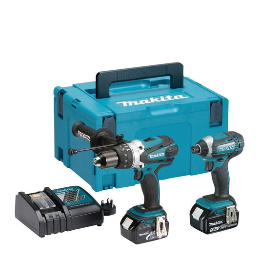 Makita DLX2145TJ 18V LXT Verktygspaket – Kombiborrmaskin DHP458Z & Slagskruvdragare DTD152Z – 2 x 5,0 Ah Batterier – Silver