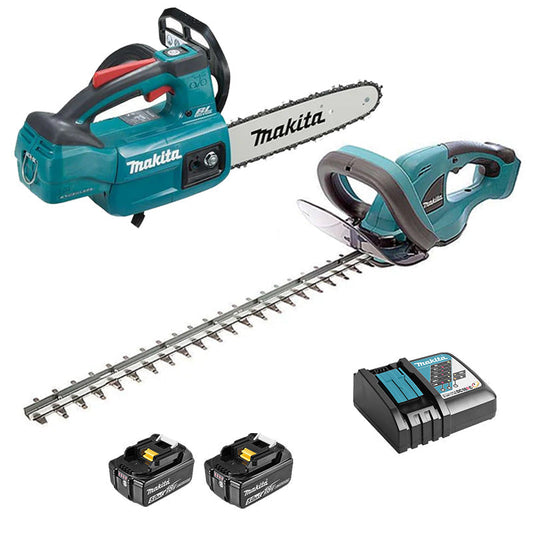 DLXRT02 MAKITA 2 trädgårdsverktyg 18V LXT (kedjesåg DUC254Z + häcksax DUH523Z + 2 x 5Ah + laddare DC18RC)