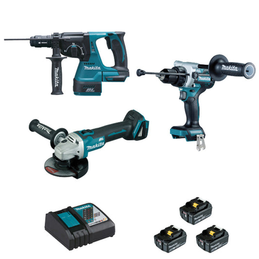 Set med 3 verktyg MAKITA DLX3157TJ (DDF486 borrskruvdragare + DHR243 borrhammare + DGA506 vinkelslip + BL1850×3 + DC18RC laddare + MAK2&4)