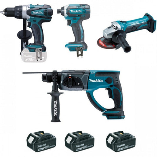 Paket med 4 verktyg MAKITA DLX4054MX1 (Borr-/skruvdragare DF458 + Vinkelslip GA452 + Borrhammare HR202 + Slagskruvdragare TD152 + 3x BL1840B-batterier + Laddare DC18RC + Verktygsväska)
