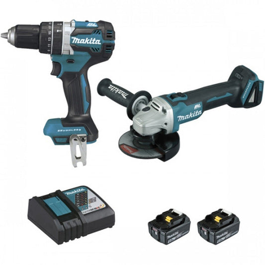 Paket med 2 verktyg MAKITA DLX2210TJ1 (DGA506+DHP484+BL1850×2+DC18RC+MAK2&3)