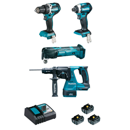 Sats med 4 maskiner 18V Li-Ion MAKITA DLX4109TJ 5 Ah (DDF484 + DTD154 + DHR243 + DTM51)